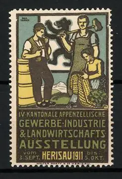 Reklamemarke Herisau, Gewerbe-Industrie & Landwirtschafts-Ausstellung 1911, Handwerker und Landwirte