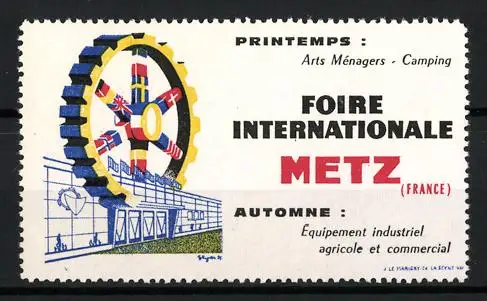 Reklamemarke Metz, Foire Internationale, Zahnrad mit Flaggen