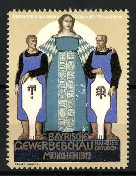 Reklamemarke München, Bayerische Gewerbeschau 1912, Bavaria Figur