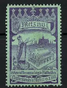 Reklamemarke Metz 1913, 60. Generalversammlung der Katholiken Deutschlands, Bischof mit Ortsansicht