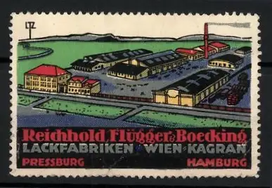 Reklamemarke Wien, Reichhold, Flügger & Boecking, Lackfabrik, Fabrik aus der Vogelschau