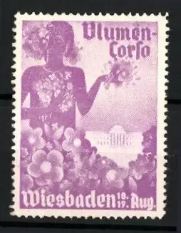 Reklamemarke Wiesbaden, Blumenkorso, Blumenstrauss und Gebäude