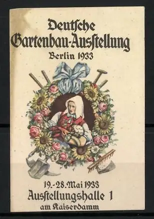 Reklamemarke Berlin, Deutsche Gartenbau-Ausstellung 1933, Blumenkranz und Gärtnerin