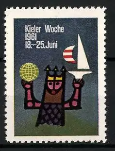 Reklamemarke Kiel, Kieler Woche 1961, König mit Globus und Segelboot