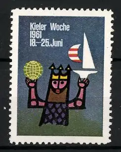 Reklamemarke Kiel, Kieler Woche 1961, König mit Globus und Segelboot