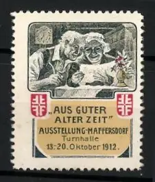 Reklamemarke Maffersdorf, Ausstellung Aus guter alter Zeit 1912, Altes Paar am Tisch