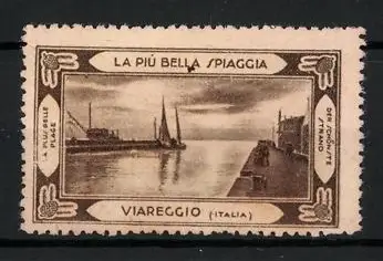 Reklamemarke Viareggio, La Più Bella Spiaggia, Hafenansicht mit Schiffen
