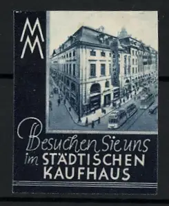 Reklamemarke Städtisches Kaufhaus, Gebäudeansicht mit Strassenbahnen