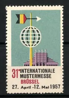 Reklamemarke Brüssel, 31. Internationale Mustermesse 1957, Weltkugel und Pfeil