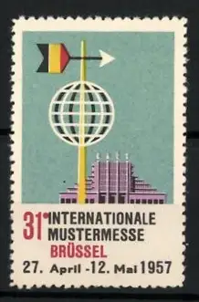 Reklamemarke Brüssel, 31. Internationale Mustermesse 1957, Fahne und Gebäude