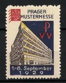 Reklamemarke Prag, Prager Mustermesse 1929, Gebäudeansicht