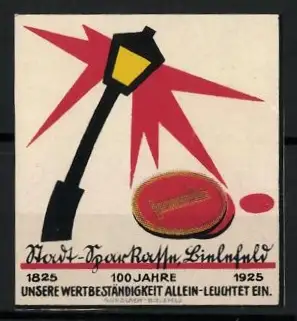 Reklamemarke Bielefeld, 100 Stadtsparkasse 1925, Strassenlaterne und Münze