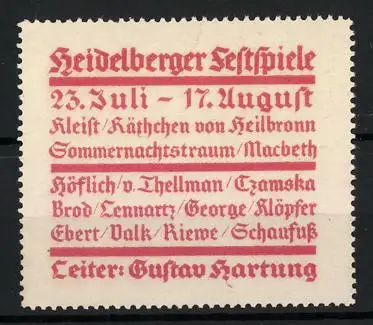 Reklamemarke Heidelberg, Heidelberger Festspiele, 23. Juli-17. August, Spielprogramm