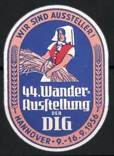 Reklamemarke Hannover, 44. Wander-Ausstellung der DLG 1956, Frau mit Getreidebündel