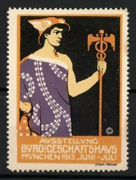 Reklamemarke München, Ausstellung Büro-Gesellschaftshaus 1913, Merkur mit Caduceus