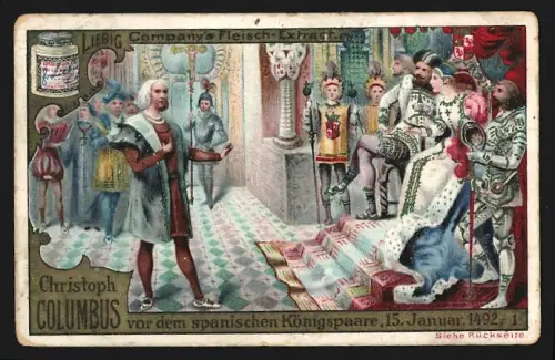 Sammelbild Liebig, Columbus vor dem spanischen Königspaar 1492