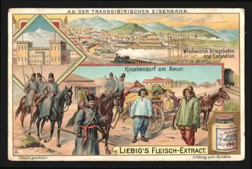 Sammelbild Liebig, Transsibirische Eisenbahn, Kosakendorf am Amur, Wladiwostok Endstation