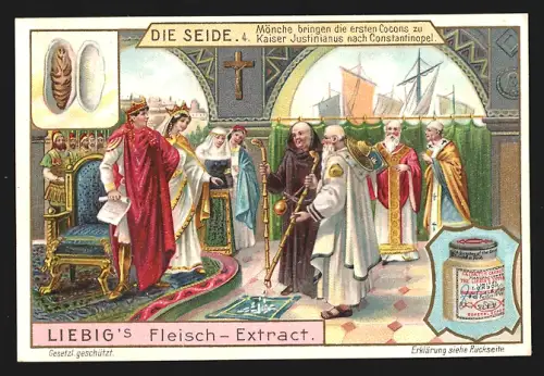 Sammelbild Liebig, Seide, Mönchen bringen die ersten Cocons zu Kaiser Justinianus nach Constantinopel