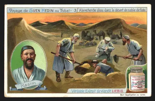 Sammelbild Liebig, Voyage de Sven Hedin au Thibet, A la recherche d`eau dans le désert de sable de Gobi