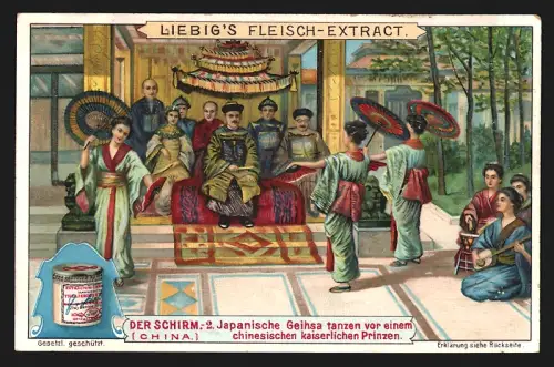 Sammelbild Liebig, Der Schirm, Japanische Geisha tanzen vor einem chinesischen Prinzen