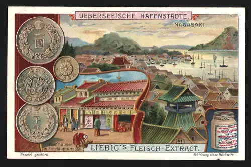 Sammelbild Liebig, Hafenstädte, Nagasaki, Kaufhäuser, Münzen