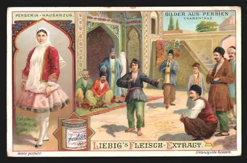 Sammelbild Liebig, Persien, Perserin im Hausanzug, Knabentanz