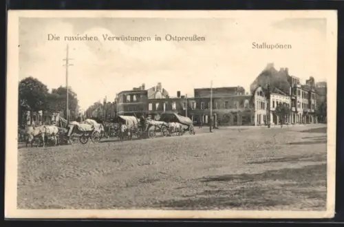 AK Stallupönen, zerstörte Häuser am Marktplatz