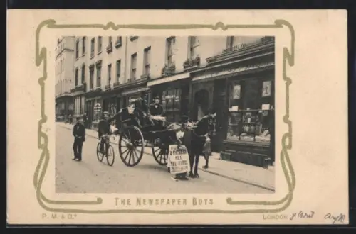 AK London, The Newspaper Boys, Zeitungsverkäufer auf Fahrrad unterwegs, Pferdekutsche