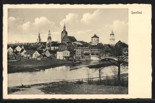 AK Sprottau, Uferpartie mit Blick zum Ort