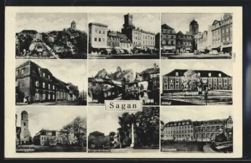 AK Sagan, Blick auf Kaiser Wilhelm-Brücke, Bahnhof, Ludwigsplatz und Kriegerdenkmal