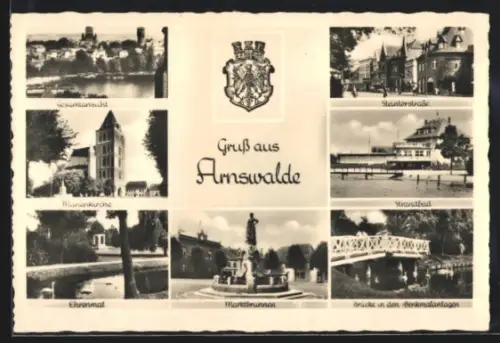 AK Arnswalde, Steintorstrasse, Strandbad, Ehrenmal und Marktbrunnen