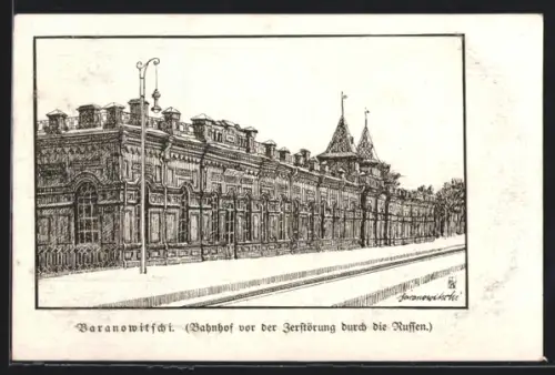 Künstler-AK Baranowitzschi, Bahnhof vor der Zerstörung