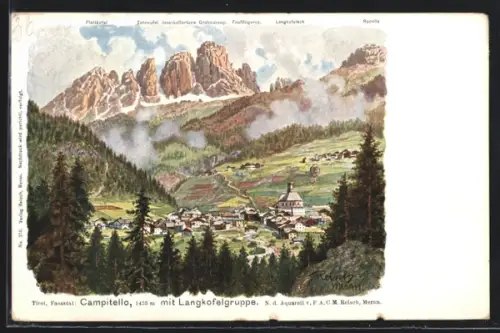 Künstler-AK F.A.C.M. Reisch: Campitello, Ortsansicht mit Langkofelgruppe