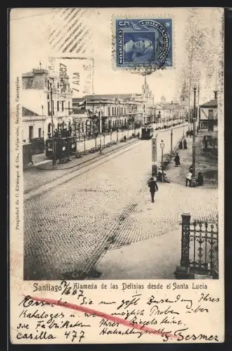 AK Santiago, Alameda de las Delisias desde el Santa Lucia, Strassenbahn