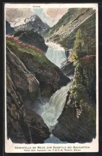 Künstler-AK F.A.C.M. Reisch: Badgastein, Bärenfälle am Wege zum Nassfeld