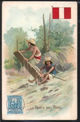 AK Postbote aus Peru auf einem Floss