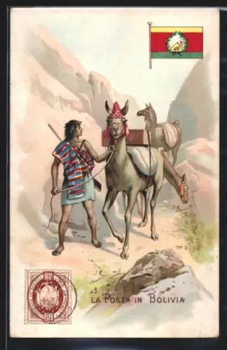 AK Postbote aus Bolivien mit einem Lama