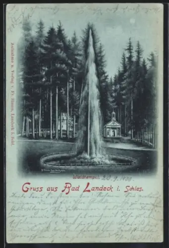 Mondschein-AK Bad Landeck i. Schles., Partie am Waldtempel mit Springbrunnen