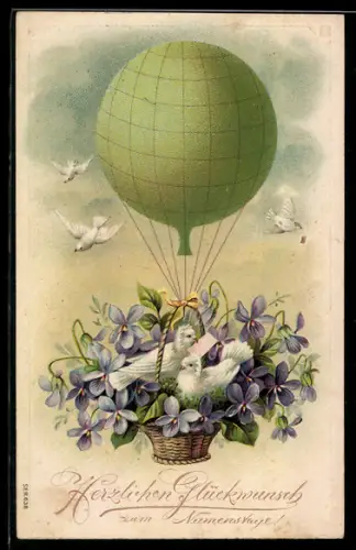 AK Gage d`Amitié Ballon mit Schwalben und Veilchen