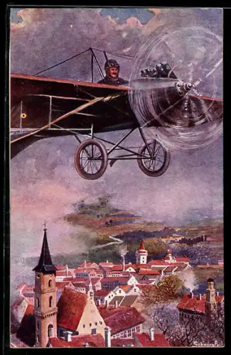 Künstler-AK Fliegerpost, Pilot fliegt mit seinem Flugzeug über einen Ort