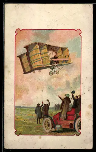 AK Französisches Doppeldecker-Flugzeug über einem Flugfeld