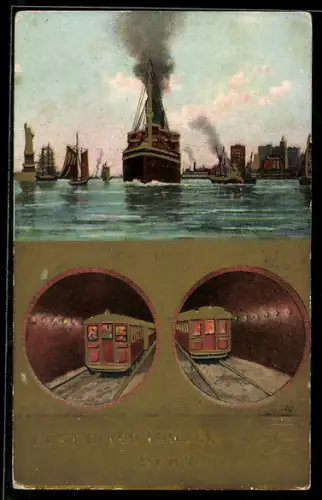 AK New York, NY, East River Tunnel mit U-Bahn, Frachtschiff in Fahrt über dem Tunnel