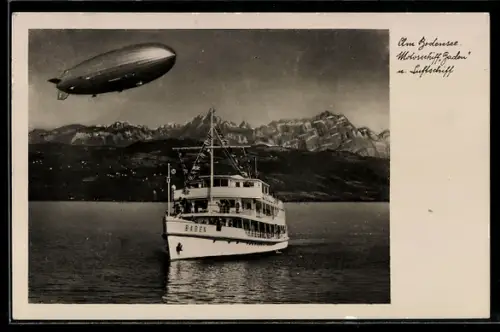 AK Zeppelin LZ-129 Hindenburg im Fluge über den Bodensee über dem Motorschiff Baden