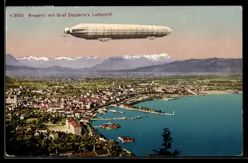 AK Bregenz, Graf Zeppelin`s Luftschiff über der Stadt