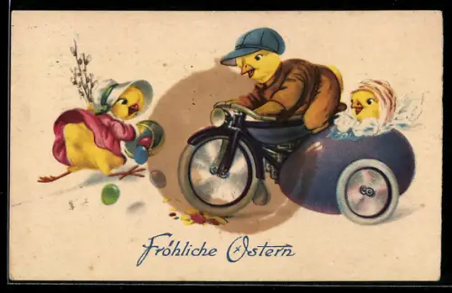 AK Motorrad mit Beiwagen und Küken als Fahrer