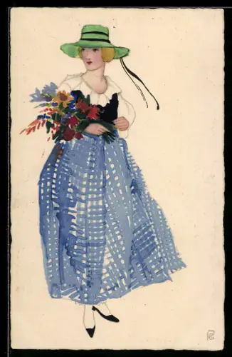 Künstler-AK Meissner & Buch (M&B) Nr. 2387: Elegante Dame mit Blumenstrauss