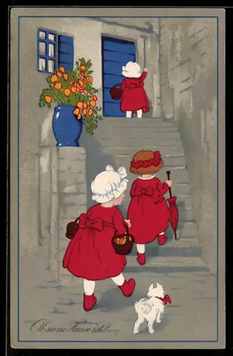 Künstler-AK Lia Döring unsign.: Gratulanten fragen sich Ob sie zu Hause ist?