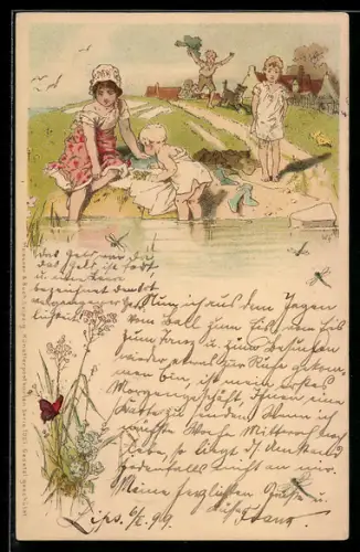 Künstler-AK Meissner & Buch (M&B) Nr. 1001: Kinder gehen zum Baden zu einem Bach