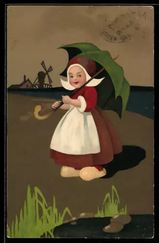 Künstler-AK Meissner & Buch (M&B) Nr. 1801: niederländ. Mädchen mit Schirm, Windmühle