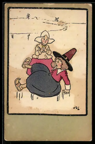 Künstler-AK M. Munk Nr. 305: Kind fällt beim Schlittschuhlaufen hin